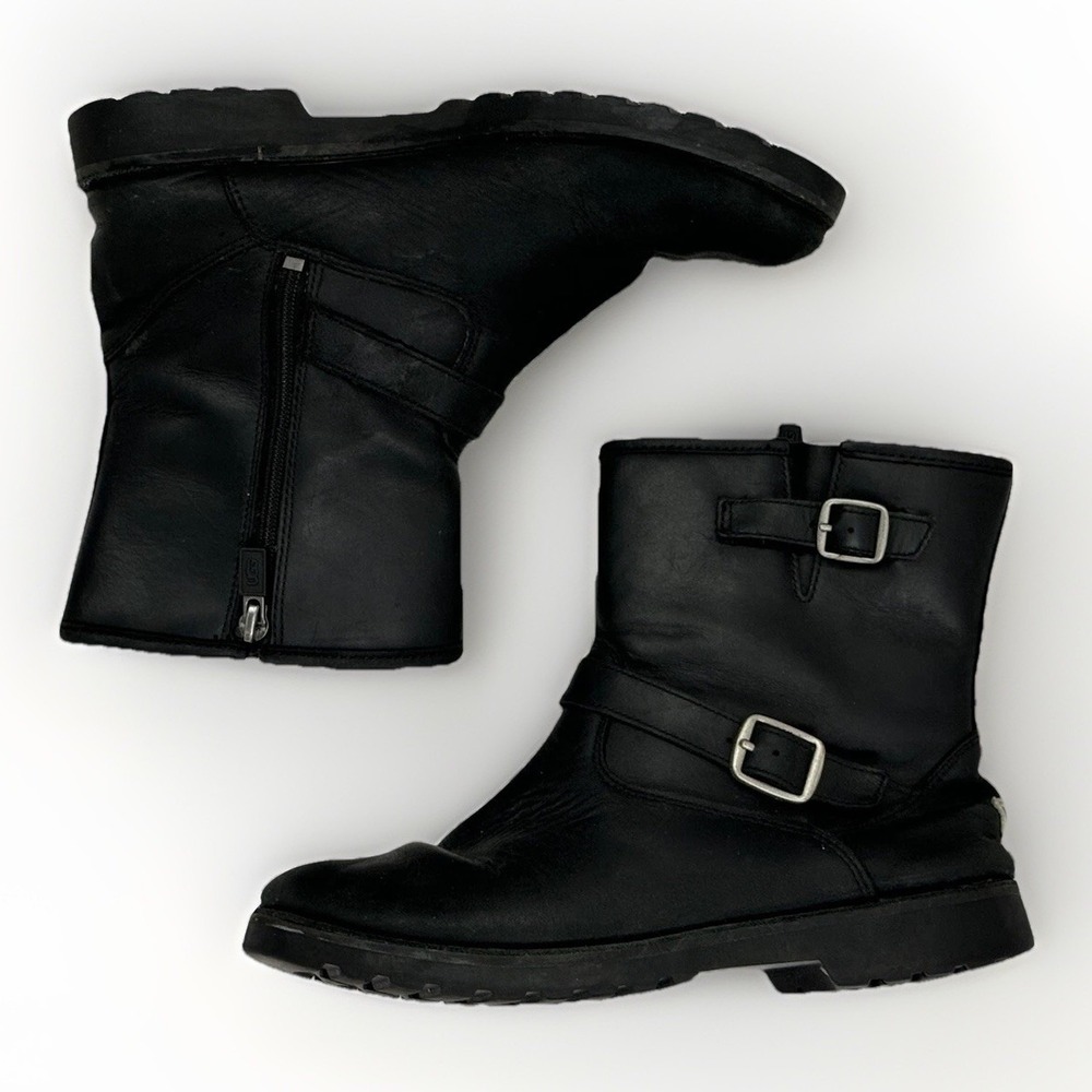 UGG Kids Black Leather Buckle Boots